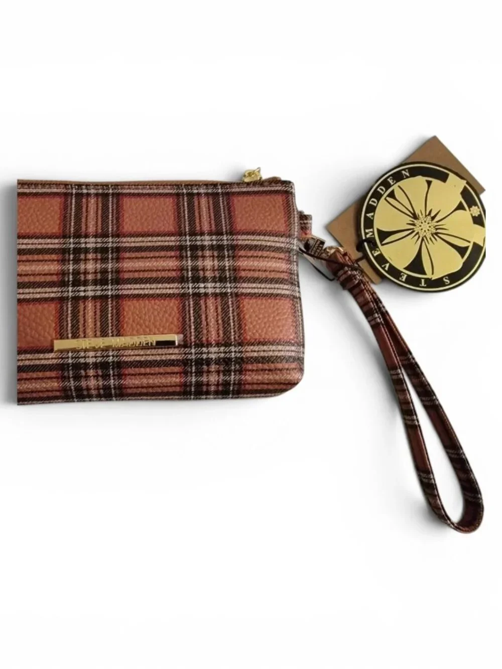 Steve Madden Plaid Wristlet Wallet NWT Red Brown Zip Clutch Pouch Preppy